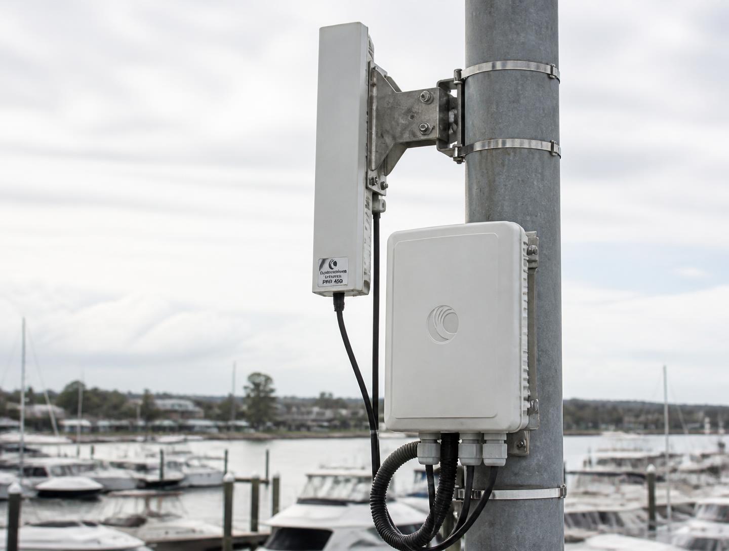 Outdoor wireless link mounted above a marina at dusk